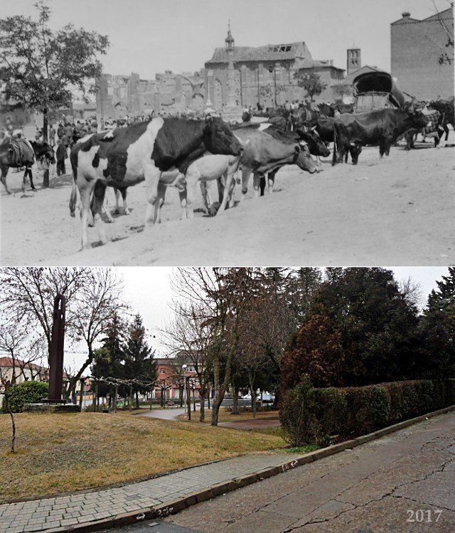Foto comparando el parque del Rollo de Mayorga antes y ahora